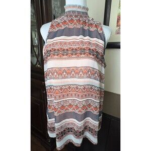 By & By Top Sz XL Sheer Ruffled High Neck Sleeveless Peach Gray Lined